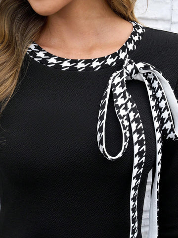 Women Contrast Color Trim Round Neck Front Tie Long Sleeve Midi Dress