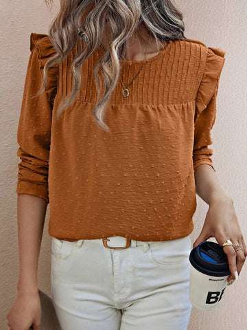 Clasi Women Crew Neck Long Sleeve Solid Swiss Dot Minimalist Casual Blouse, Fall Top