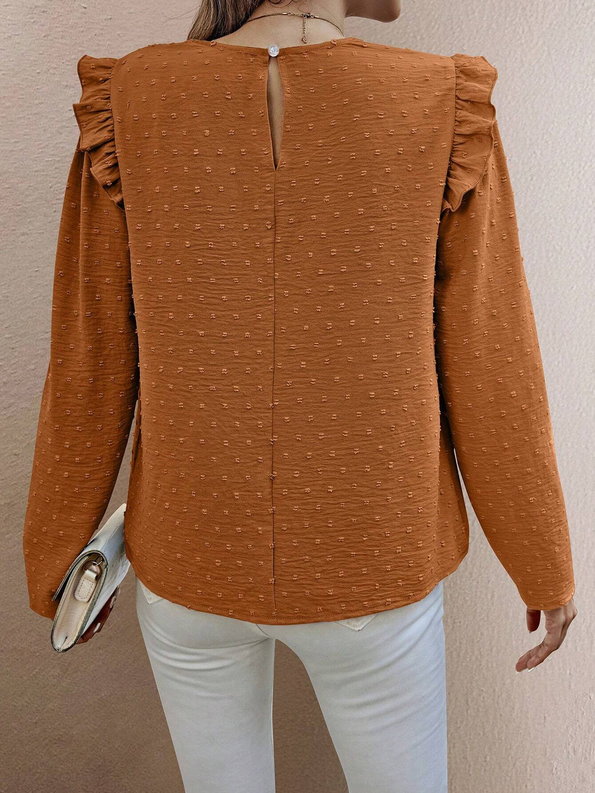 Clasi Women Crew Neck Long Sleeve Solid Swiss Dot Minimalist Casual Blouse, Fall Top