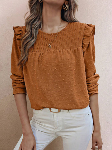 Clasi Women Crew Neck Long Sleeve Solid Swiss Dot Minimalist Casual Blouse, Fall Top