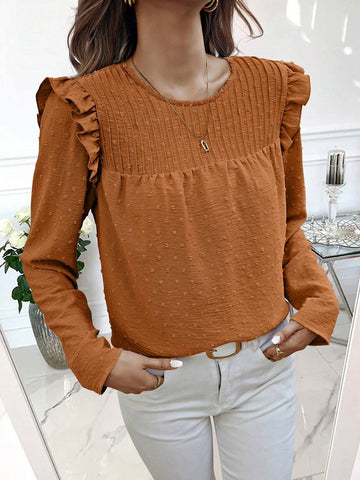 Clasi Women Crew Neck Long Sleeve Solid Swiss Dot Minimalist Casual Blouse, Fall Top