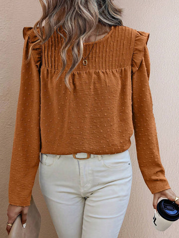 Clasi Women Crew Neck Long Sleeve Solid Swiss Dot Minimalist Casual Blouse, Fall Top