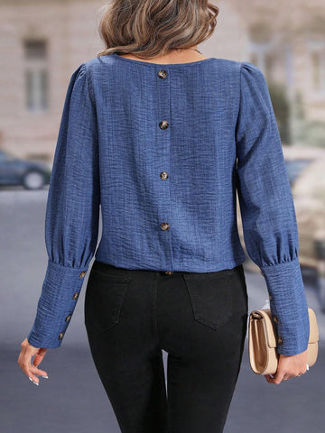 Clasi Women Denim Effect Solid Color Casual Round Neck Long Sleeve Shirt