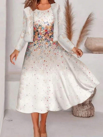 Women Elegant And Graceful Floral Print Sleeveless Dress With A Front-Open Coat