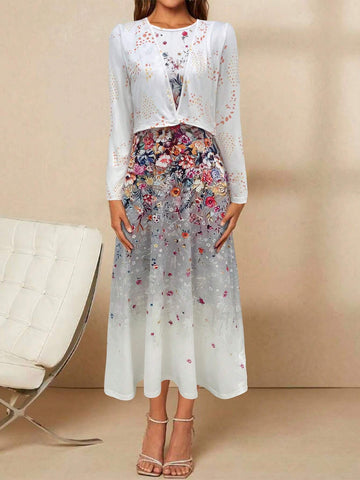Women Elegant And Graceful Floral Print Sleeveless Dress With A Front-Open Coat