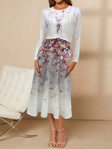Women Elegant And Graceful Floral Print Sleeveless Dress With A Front-Open Coat