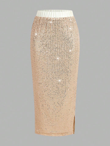 Clasi Women Elegant Apricot Sequined Versatile Elastic Waist Pencil Skirt Sequin Skirt Women Skirts Festival Outfits Halloween Skirt Fall Women Skirts