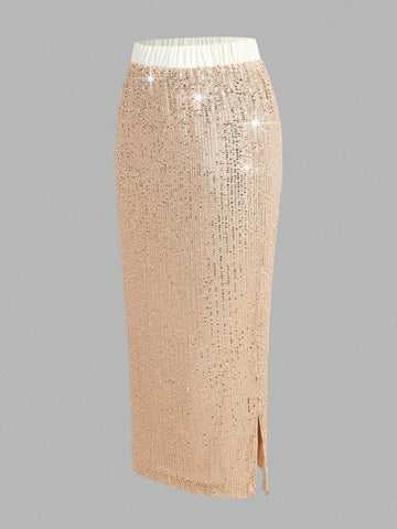 Clasi Women Elegant Apricot Sequined Versatile Elastic Waist Pencil Skirt Sequin Skirt Women Skirts Festival Outfits Halloween Skirt Fall Women Skirts