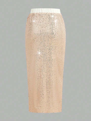 Clasi Women Elegant Apricot Sequined Versatile Elastic Waist Pencil Skirt Sequin Skirt Women Skirts Festival Outfits Halloween Skirt Fall Women Skirts