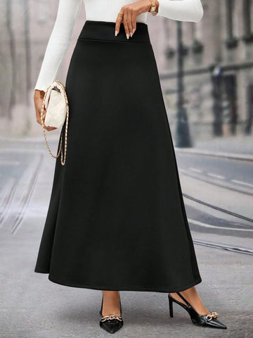 Clasi Women Elegant Black Wool Lining Loose Versatile Warm Long Skirt