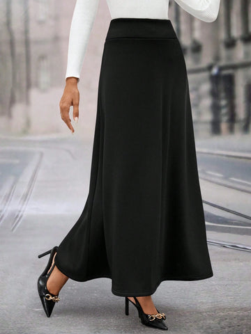 Clasi Women Elegant Black Wool Lining Loose Versatile Warm Long Skirt
