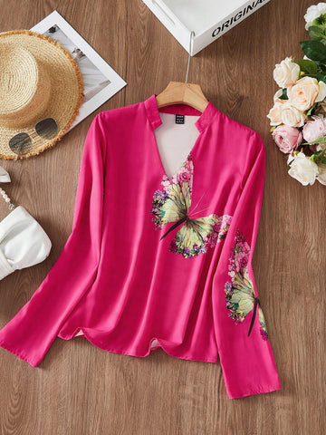 Clasi Women Elegant Butterfly Printed Long Sleeve Daily Shirt