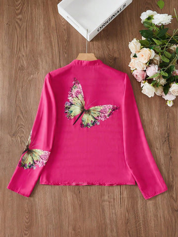 Clasi Women Elegant Butterfly Printed Long Sleeve Daily Shirt