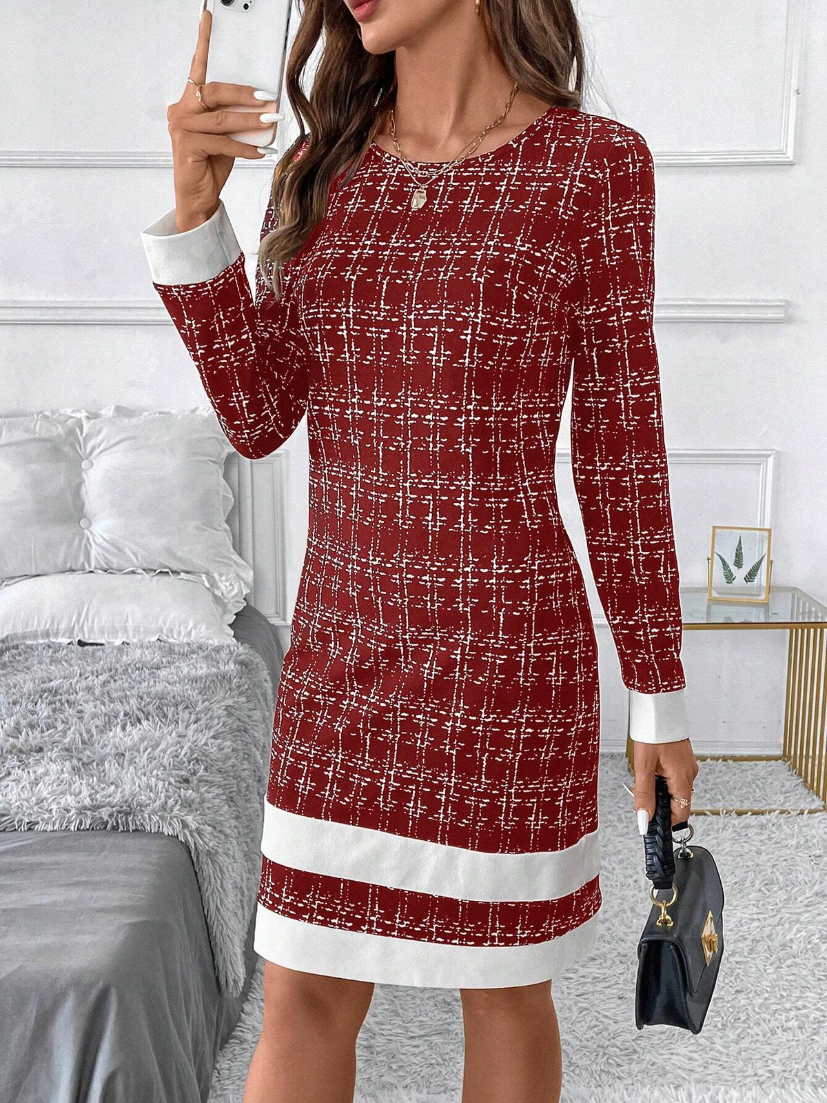 Women Elegant Color Block Knitted Midi Dress, Fashionable & Versatile