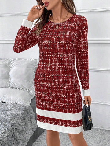 Women Elegant Color Block Knitted Midi Dress, Fashionable & Versatile