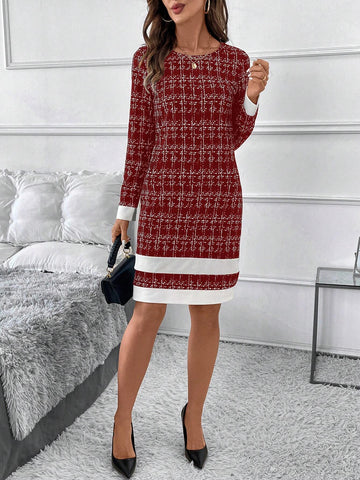 Women Elegant Color Block Knitted Midi Dress, Fashionable & Versatile