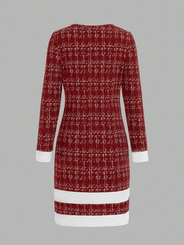 Women Elegant Color Block Knitted Midi Dress, Fashionable & Versatile