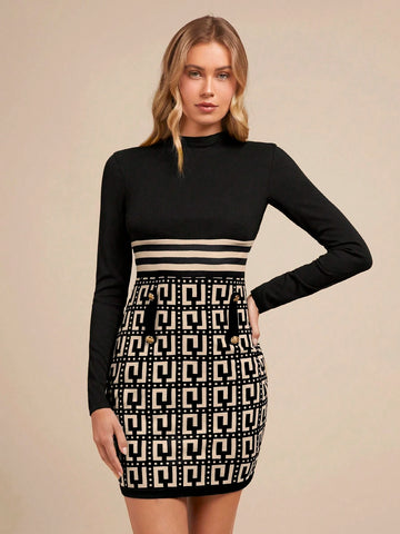 Women Elegant Geometric Pattern Patchwork Metal Buckle Decor Bodycon Sheath Dress, Suitable For