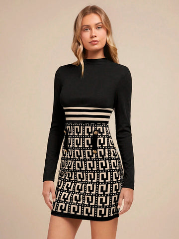 Women Elegant Geometric Pattern Patchwork Metal Buckle Decor Bodycon Sheath Dress, Suitable For