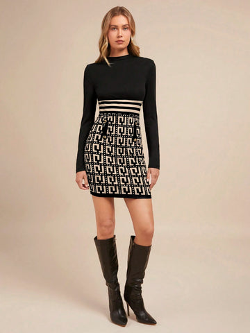 Women Elegant Geometric Pattern Patchwork Metal Buckle Decor Bodycon Sheath Dress, Suitable For