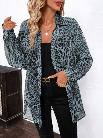 Clasi Women Elegant Leopard Print Chiffon Button-Up Loose Long Sleeve Shirt