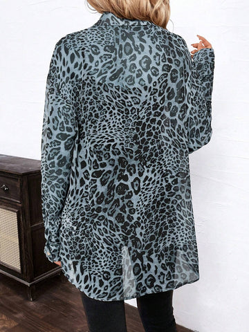 Clasi Women Elegant Leopard Print Chiffon Button-Up Loose Long Sleeve Shirt