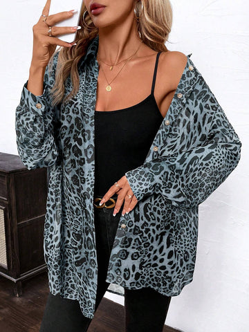 Clasi Women Elegant Leopard Print Chiffon Button-Up Loose Long Sleeve Shirt