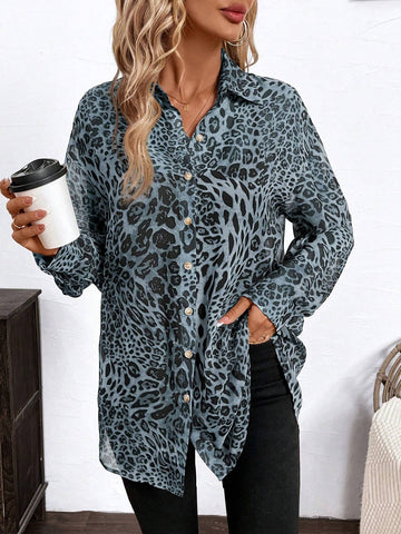 Clasi Women Elegant Leopard Print Chiffon Button-Up Loose Long Sleeve Shirt