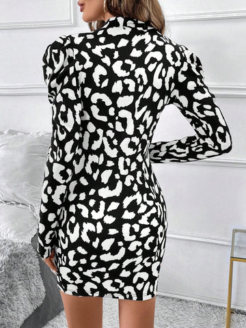 Women Elegant Leopard Print Funnel Neck Gigot Sleeve Fitted Midi Dress