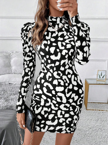 Women Elegant Leopard Print Funnel Neck Gigot Sleeve Fitted Midi Dress