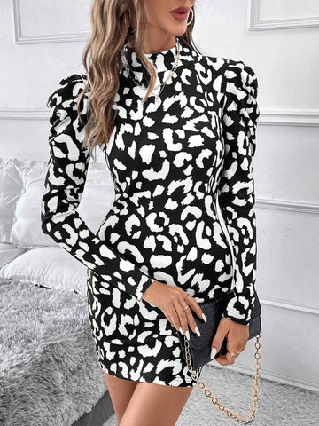 Women Elegant Leopard Print Funnel Neck Gigot Sleeve Fitted Midi Dress