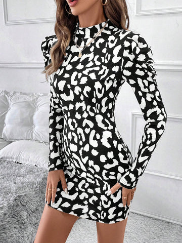 Women Elegant Leopard Print Funnel Neck Gigot Sleeve Fitted Midi Dress