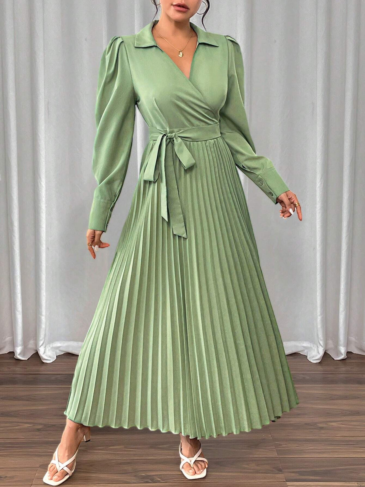 Women Elegant Long Sleeve Dress With Cross-Tied & Pleated Design