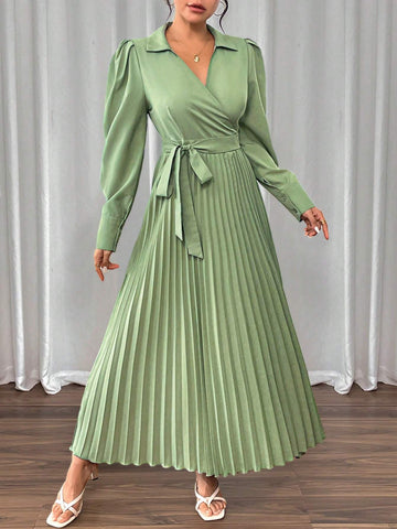 Women Elegant Long Sleeve Dress With Cross-Tied & Pleated Design
