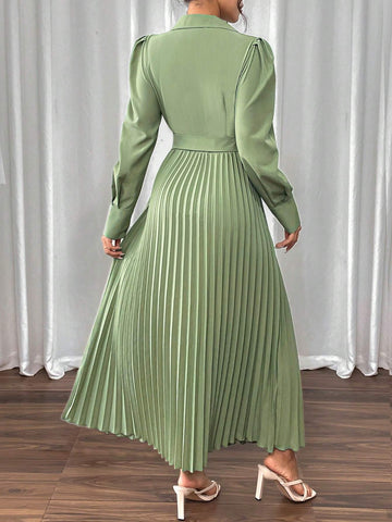 Women Elegant Long Sleeve Dress With Cross-Tied & Pleated Design