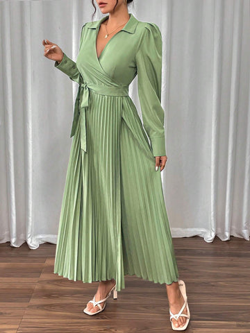 Women Elegant Long Sleeve Dress With Cross-Tied & Pleated Design