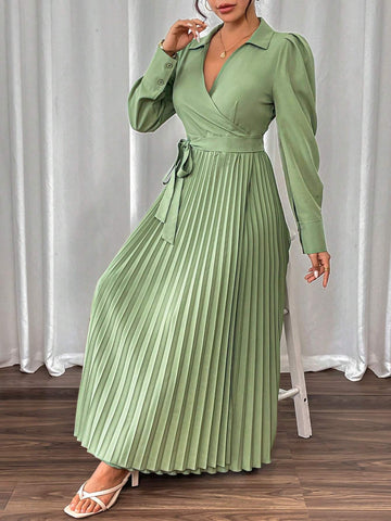 Women Elegant Long Sleeve Dress With Cross-Tied & Pleated Design