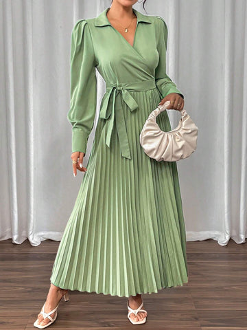 Women Elegant Long Sleeve Dress With Cross-Tied & Pleated Design