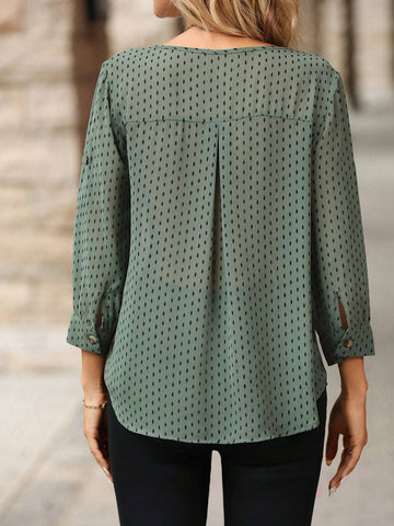 Clasi Women Elegant Loose Front Button Metal Decor Round Neck Green Polka Dot Rolled Sleeve Shirt,