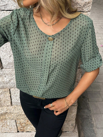 Clasi Women Elegant Loose Front Button Metal Decor Round Neck Green Polka Dot Rolled Sleeve Shirt,