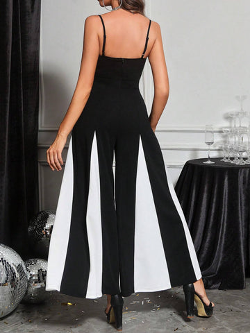 Women Elegant Party Black & White Color Block Jumpsuit