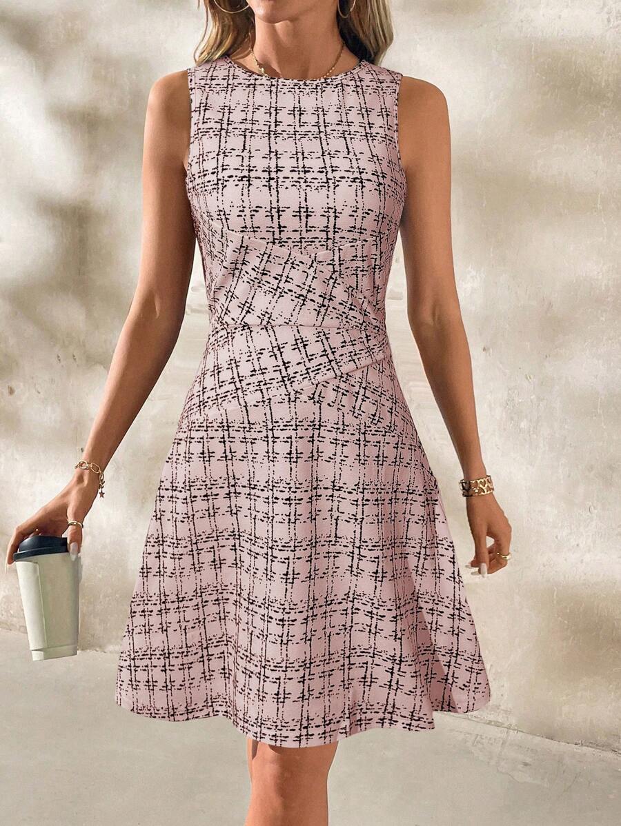 Women Elegant Plaid A-Line Mini Dress, Fitted Waist Casual Work Commuter Daily Versatile