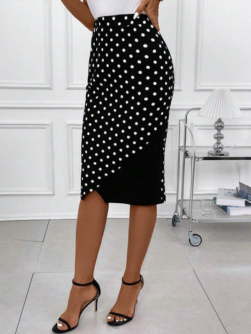Clasi Women Elegant Polka Dot Color Block Asymmetrical Bodycon Skirt Summer Business Casual