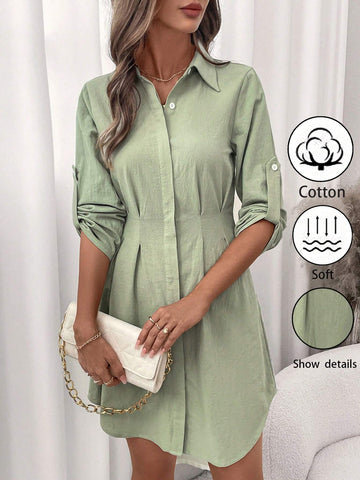 Women Elegant Ruched Front Open Collar Long Sleeve Knee-Length Shirt Dress