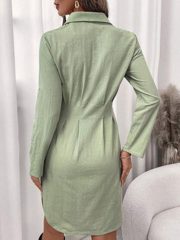 Women Elegant Ruched Front Open Collar Long Sleeve Knee-Length Shirt Dress