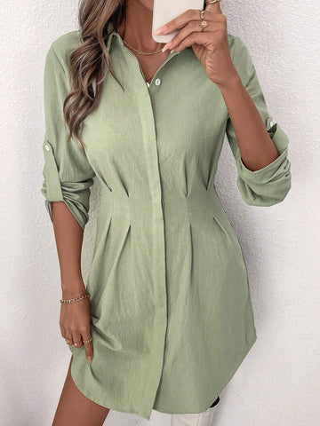 Women Elegant Ruched Front Open Collar Long Sleeve Knee-Length Shirt Dress