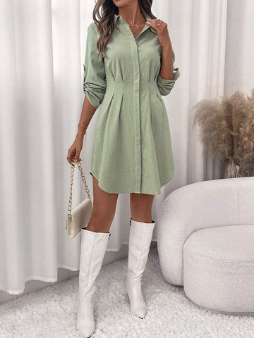 Women Elegant Ruched Front Open Collar Long Sleeve Knee-Length Shirt Dress
