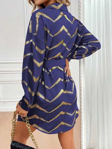 Women Elegant Serrated Pattern Printed Self-Tie Belt Shirt Dress, Spring/Autumn