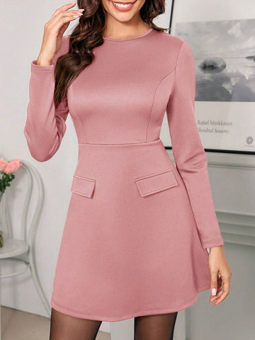 Women Elegant Simple Solid Color Round Neck Fold Over Detail Waisted Dress, Autumn