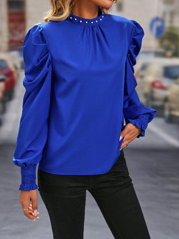 Clasi Women Elegant Solid Color Pleated Lantern Sleeve Blouse